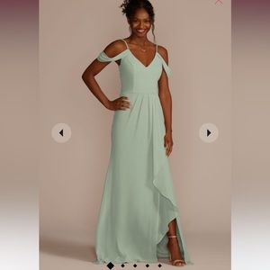 David’s Bridal cascading off the shoulder bridesmaid dress in dusty sage size 0
